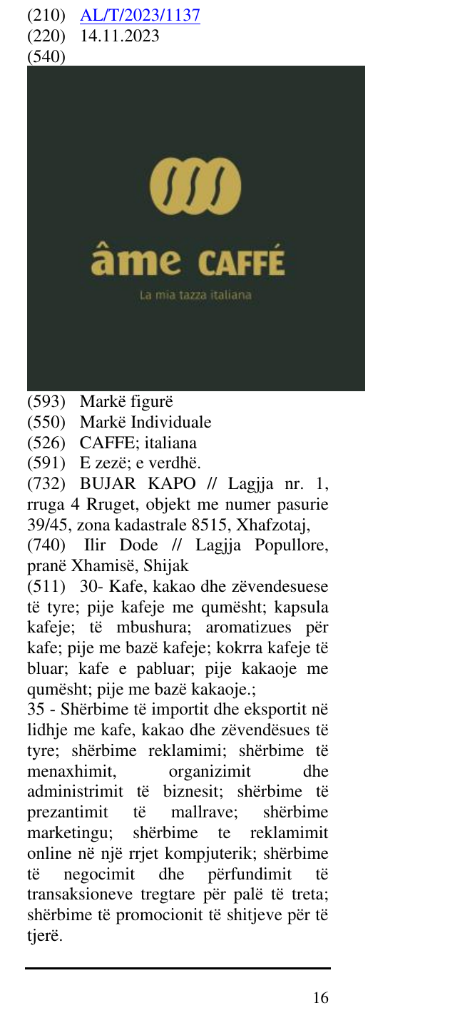 Zëri i markës CAFFE; italiana në buletin