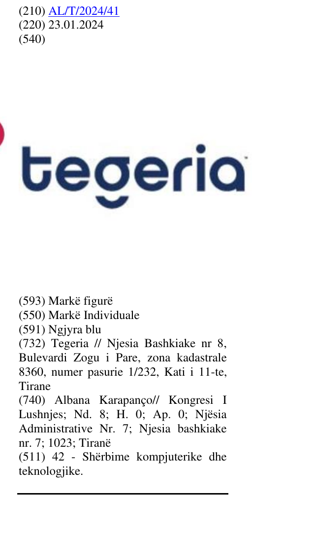 Zëri i markës Tegeria në buletin