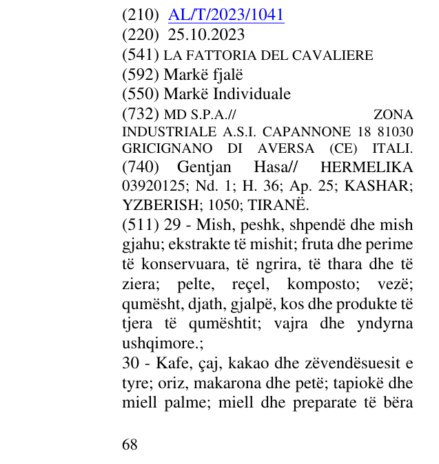 Zëri i markës LA FATTORIA DEL CAVALIERE në buletin
