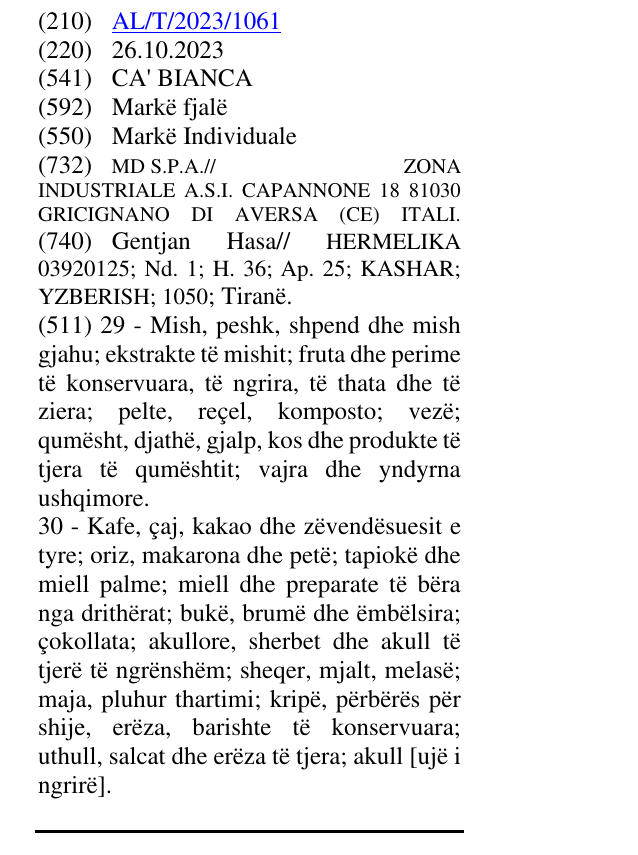 Zëri i markës CA' BIANCA në buletin