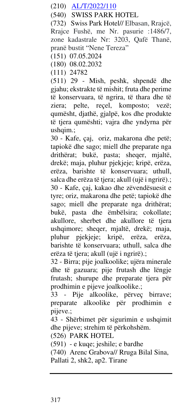 Zëri i markës SWISS PARK HOTEL në buletin