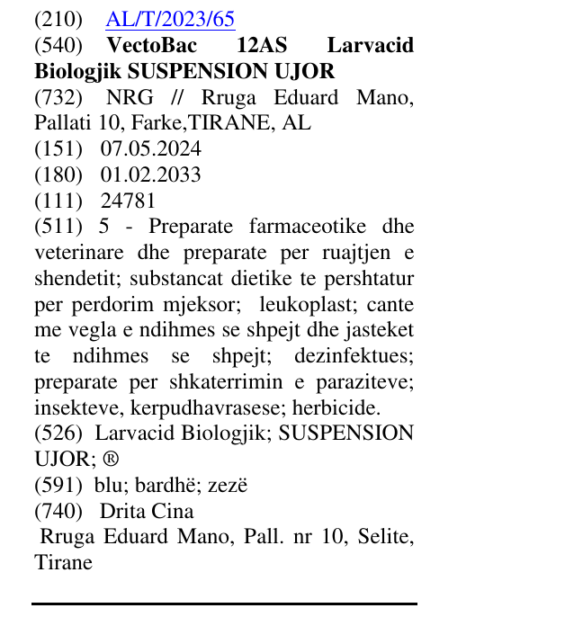 Zëri i markës VectoBac 12AS Larvacid Biologjik SUSPENSION UJOR në buletin