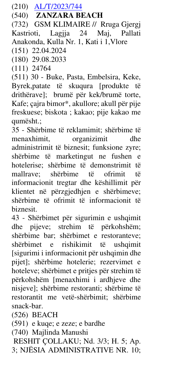 Zëri i markës ZANZARA BEACH në buletin
