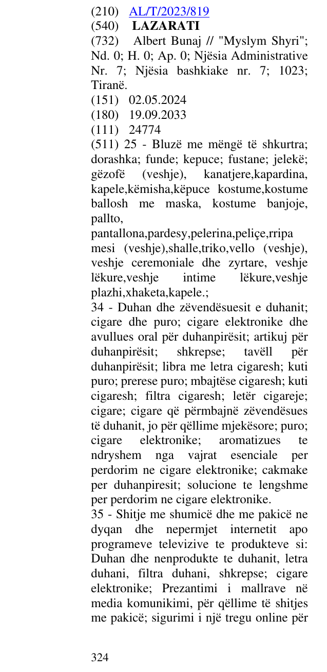 Zëri i markës LAZARATI në buletin