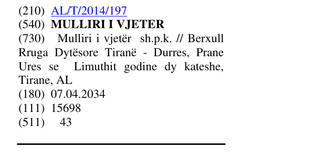 Zëri i markës MULLIRI I VJETER në buletin