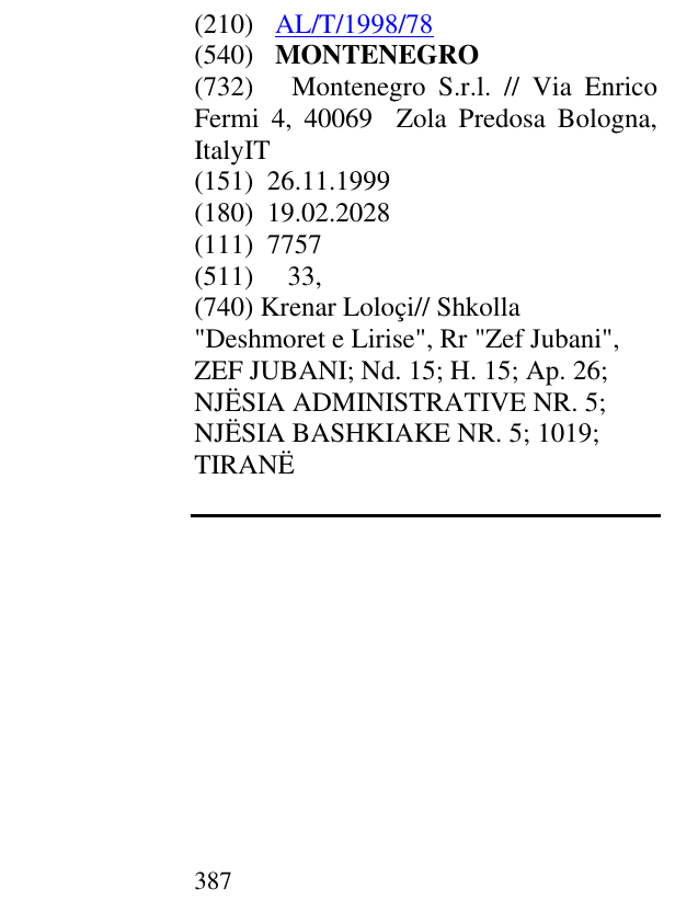 Zëri i markës MONTENEGRO në buletin
