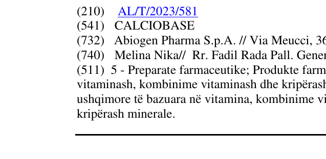 Zëri i markës CALCIOBASE në buletin