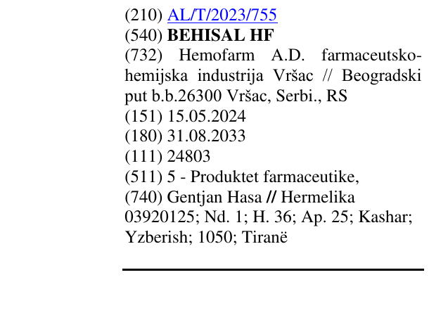 Zëri i markës BEHISAL HF në buletin