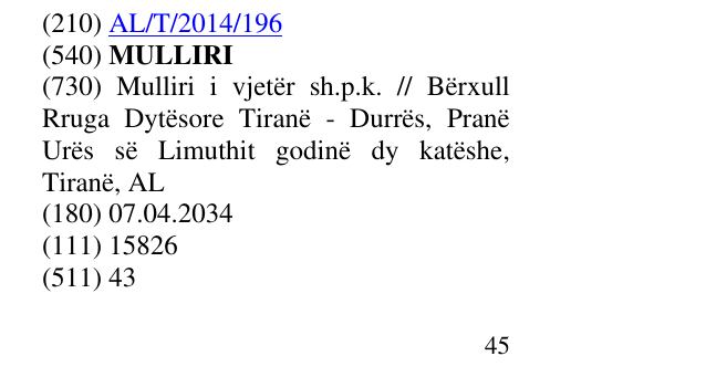 Zëri i markës MULLIRI në buletin
