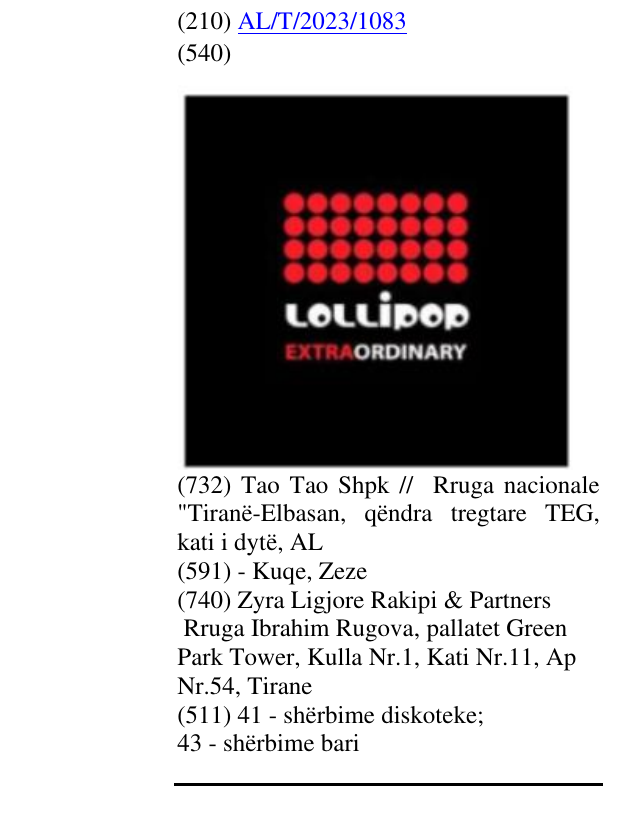 Zëri i markës LOLLIPOP EXTRAORDINARY në buletin