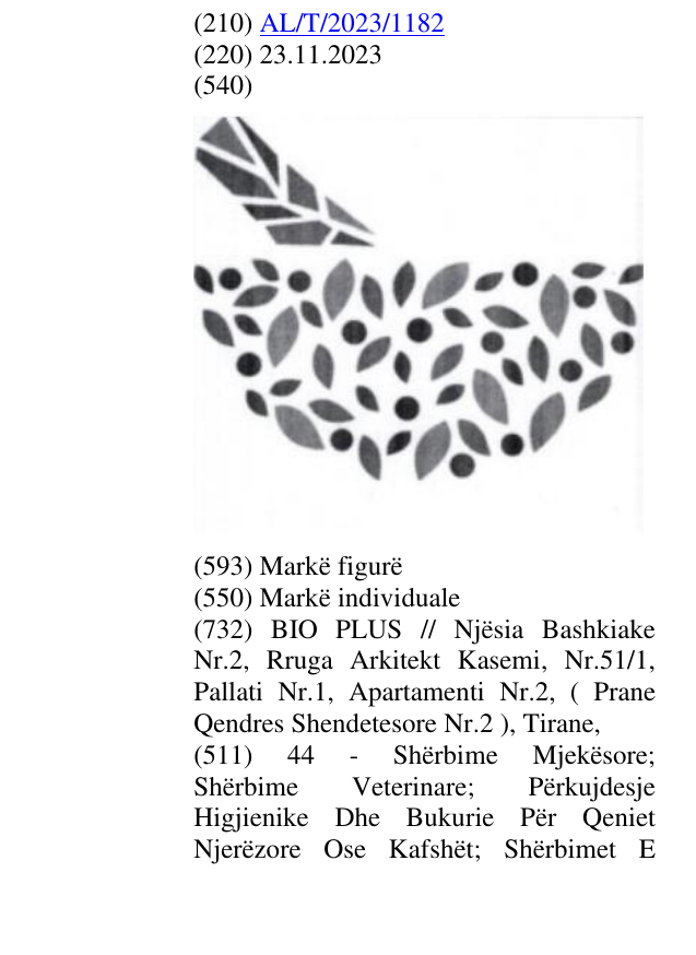 Zëri i markës AL/T/2023/1182 në buletin