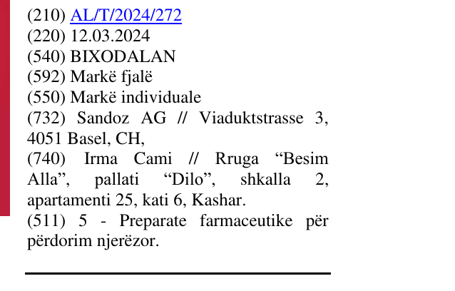 Zëri i markës BIXODALAN në buletin