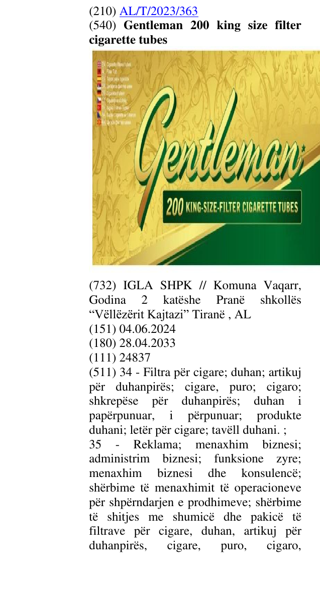 Zëri i markës Gentleman 200 king size filter cigarette tubes në buletin