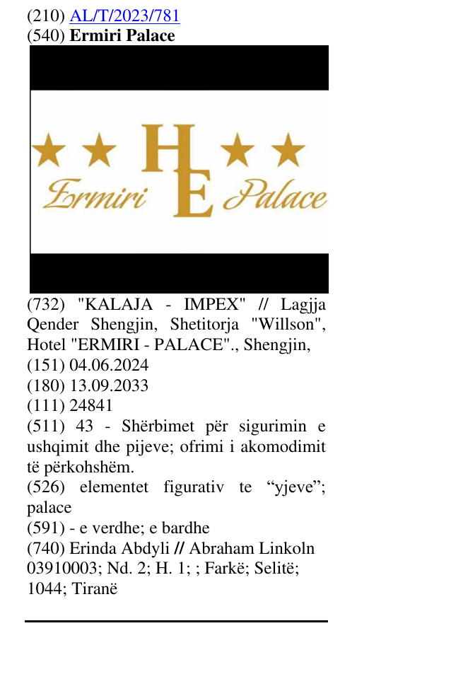 Zëri i markës Ermiri Palace në buletin