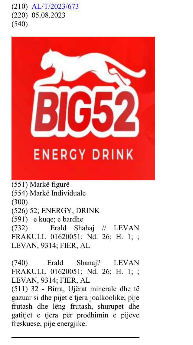 Zëri i markës 52;ENERGY;DRINK në buletin