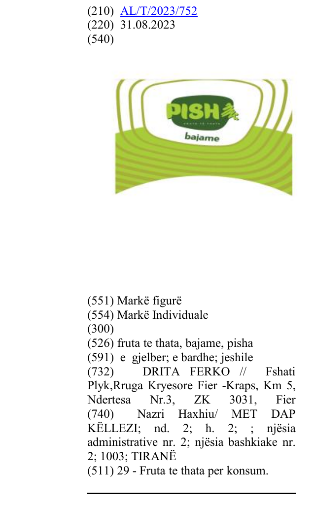 Zëri i markës frutatethata,bajame,pisha në buletin