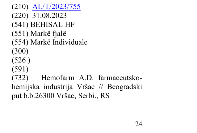 Zëri i markës BEHISAL HF në buletin