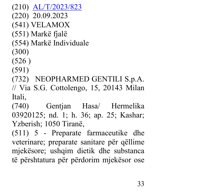 Zëri i markës VELAMOX në buletin