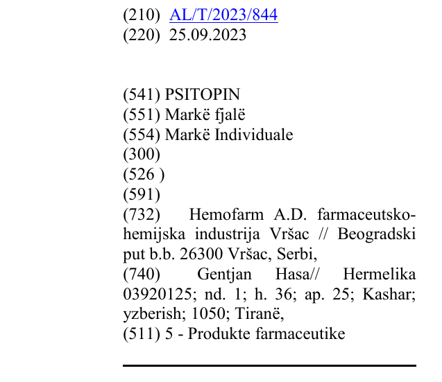 Zëri i markës PSITOPIN në buletin