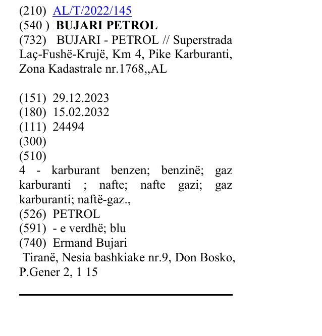 Zëri i markës BUJARIPETROL në buletin