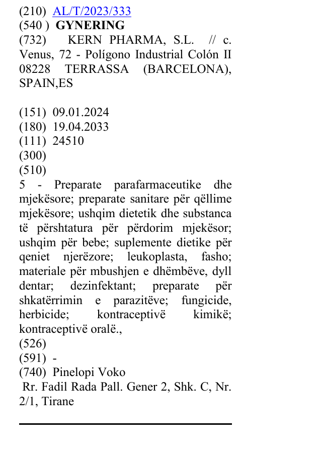 Zëri i markës GYNERING në buletin