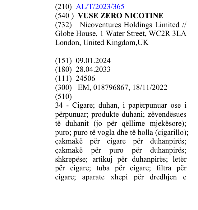 Zëri i markës VUSEZERONICOTINE në buletin