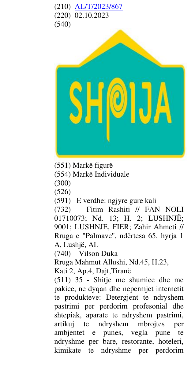 Zëri i markës SHPIJA në buletin