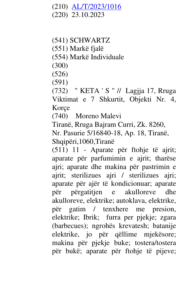 Zëri i markës SCHWARTZ në buletin