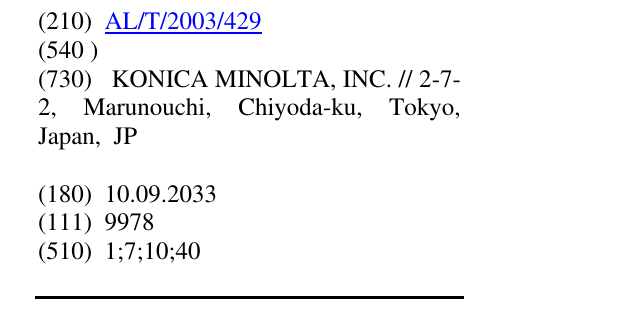 The entry of the trademark AL/T/2003/429 in the bulletin