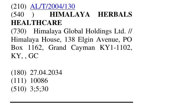 Zëri i markës HIMALAYA HERBALS HEALTHCARE në buletin