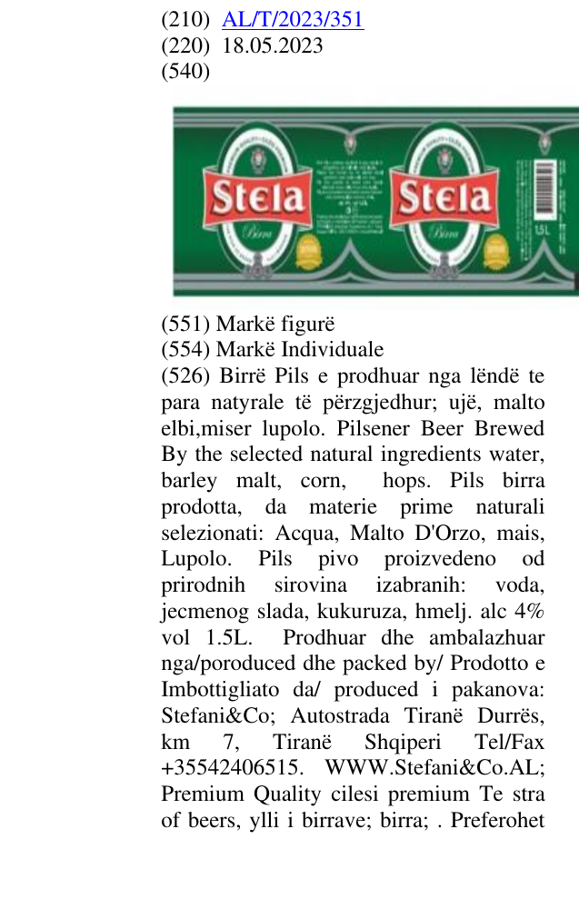 Zëri i markës Birrë Pils e prodhuar nga lëndë te para natyrale të përzgjedhur; ujë, malto elbi,miser lupolo. Pilsener Beer Brewed By the selected natural ingredients water, barley malt, corn, hops. Pils birra prodotta, da materie prime naturali selezionati: Acqua, Malto D'Orzo, mais, Lupolo. Pils pivo proizvedeno od prirodnih sirovina izabranih: voda, jecmenog slada, kukuruza, hmelj. alc 4% vol 1.5L. Prodhuar dhe ambalazhuar nga/poroduced dhe packed by/ Prodotto e Imbottigliato da/ produced i pakano në buletin