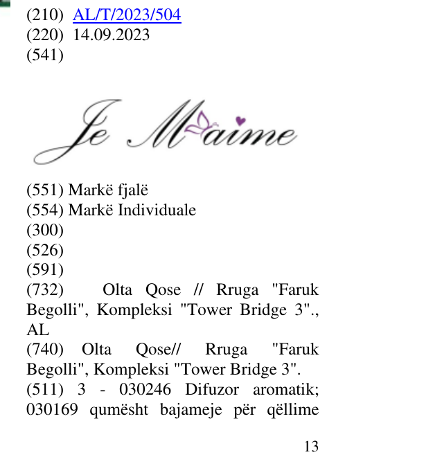 Zëri i markës Je M'aime në buletin