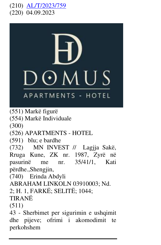 Zëri i markës APARTMENTS - HOTEL në buletin