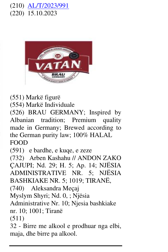Zëri i markës BRAU GERMANY; Inspired by Albanian tradition; Premium quality made in Germany; Brewed according to the German purity law; 100% HALAL FOOD në buletin