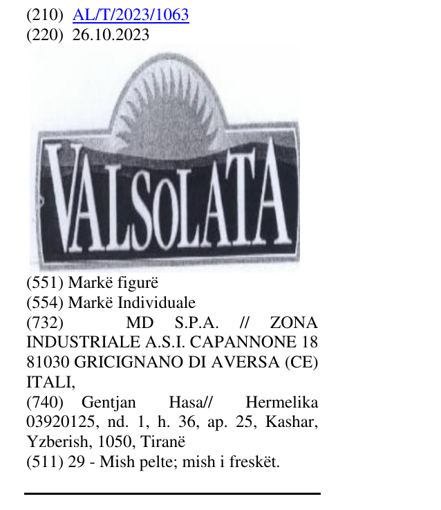Zëri i markës VALSOLATA në buletin