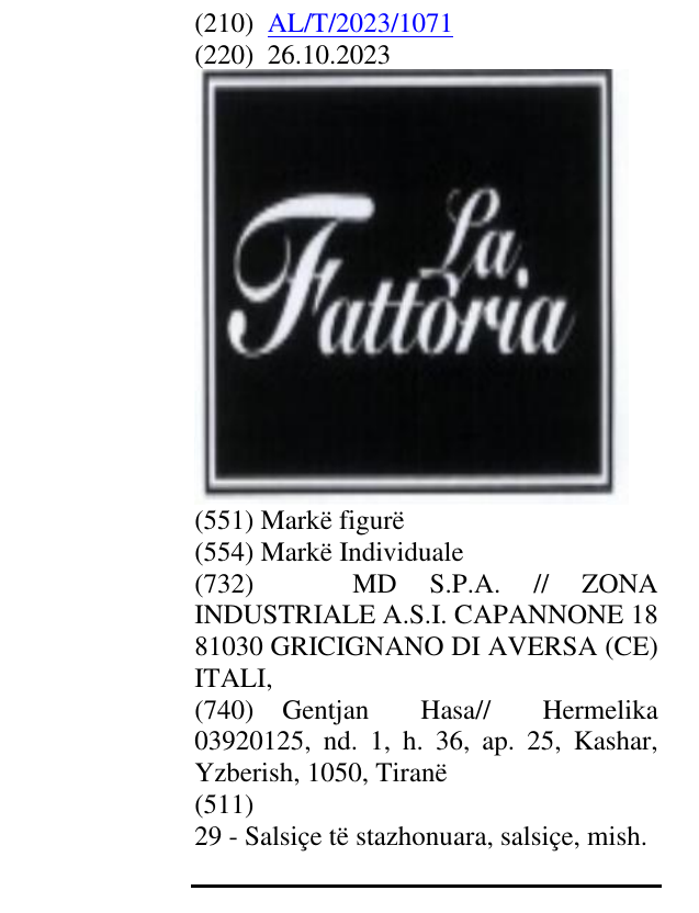 Zëri i markës La Fattoria në buletin