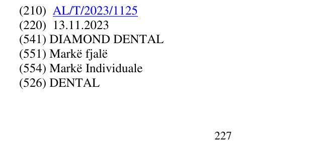 Zëri i markës DENTAL 228 në buletin