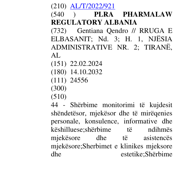 Zëri i markës PLRA PHARMALAW REGULATORY ALBANIA në buletin