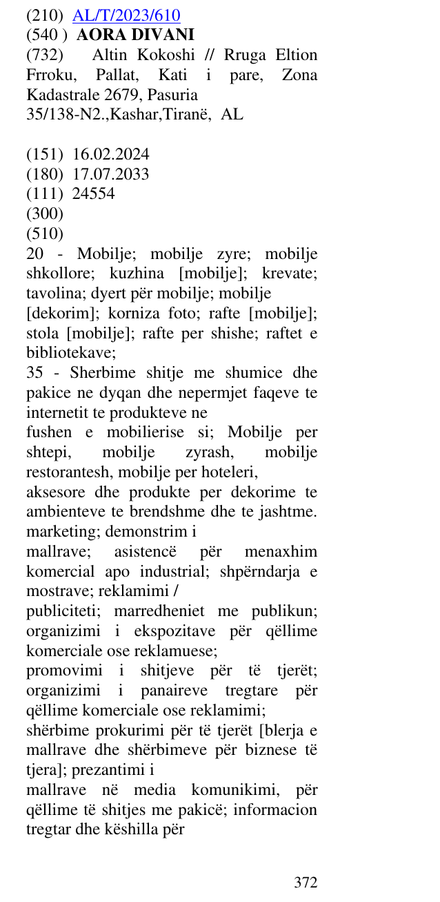 Zëri i markës AORA DIVANI në buletin