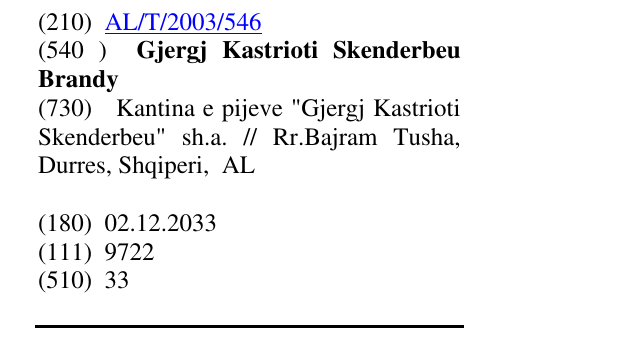 Zëri i markës Gjergj Kastrioti Skenderbeu Brandy në buletin