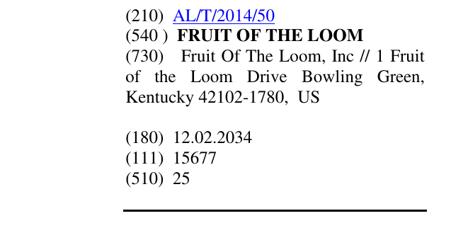 Zëri i markës FRUIT OF THE LOOM në buletin