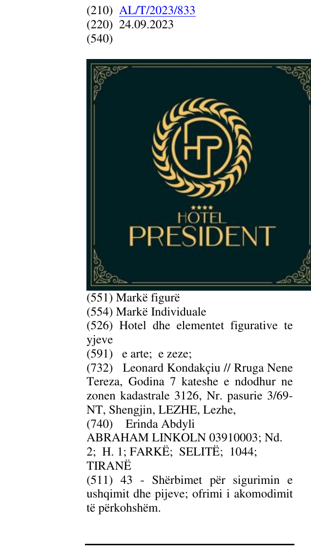 Zëri i markës Hotel dhe elementet figurative te yjeve në buletin