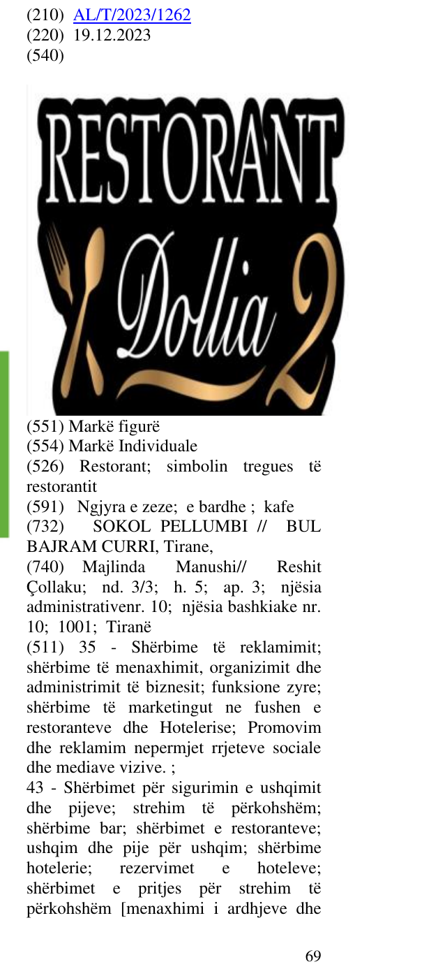 Zëri i markës Restorant; simbolin tregues të restorantit në buletin