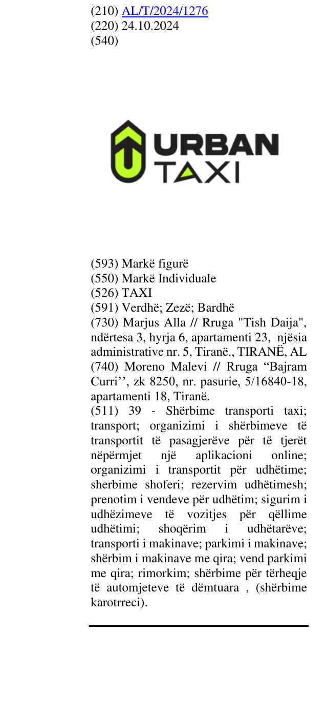 Zëri i markës TAXI në buletin