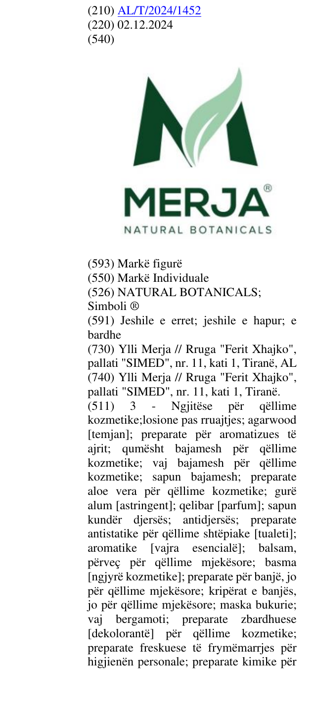 Zëri i markës NATURAL BOTANICALS; Simboli ® në buletin