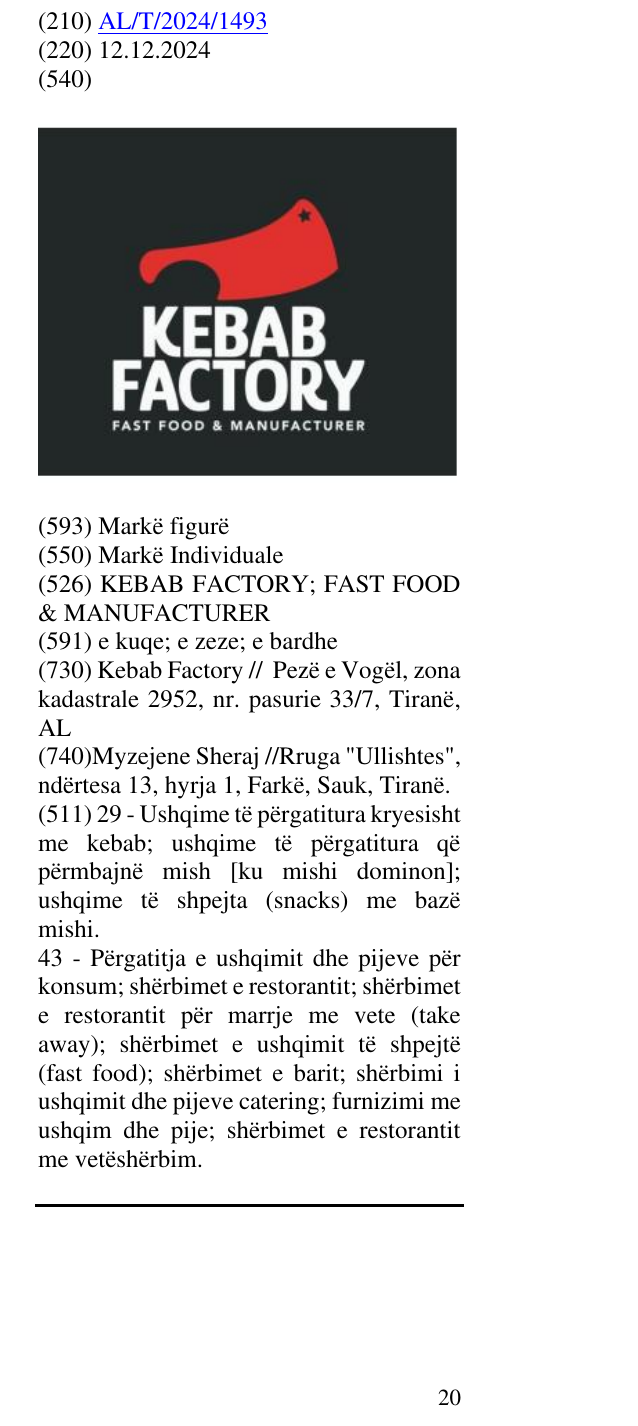 Zëri i markës KEBAB FACTORY; FAST FOOD & MANUFACTURER në buletin