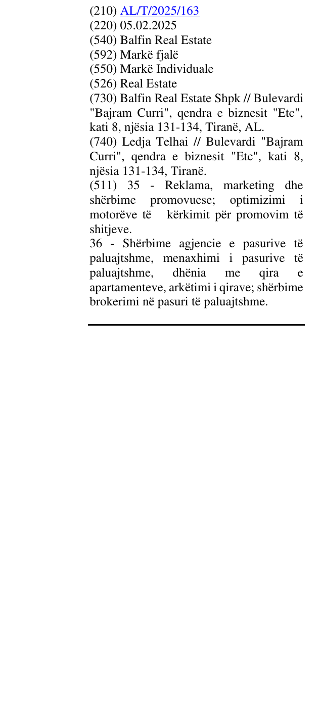 Zëri i markës Balfin Real Estate në buletin