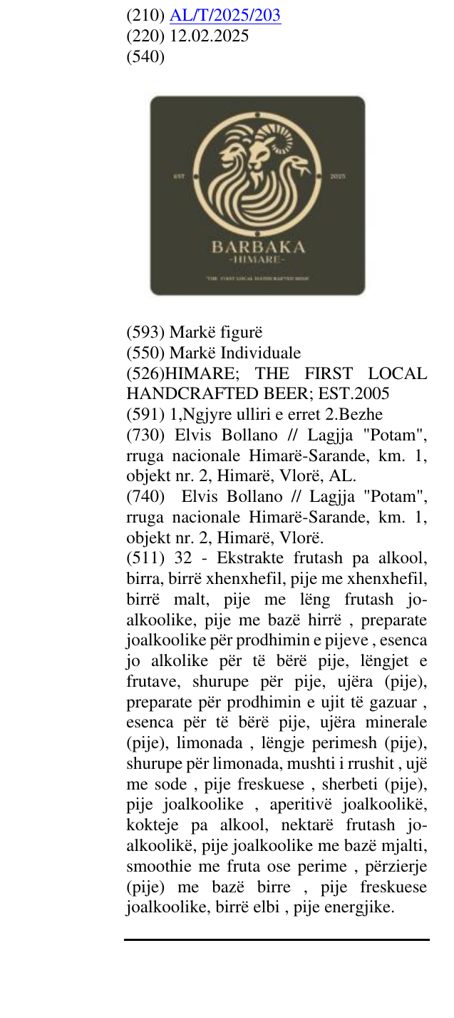 Zëri i markës HIMARE; THE FIRST LOCAL HANDCRAFTED BEER; EST.2005 në buletin