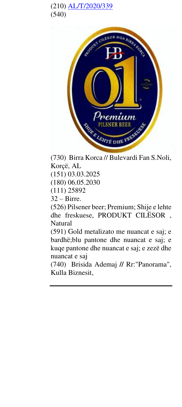 Zëri i markës Pilsener beer; Premium; Shije e lehte dhe freskuese, PRODUKT CILËSOR , Natural në buletin