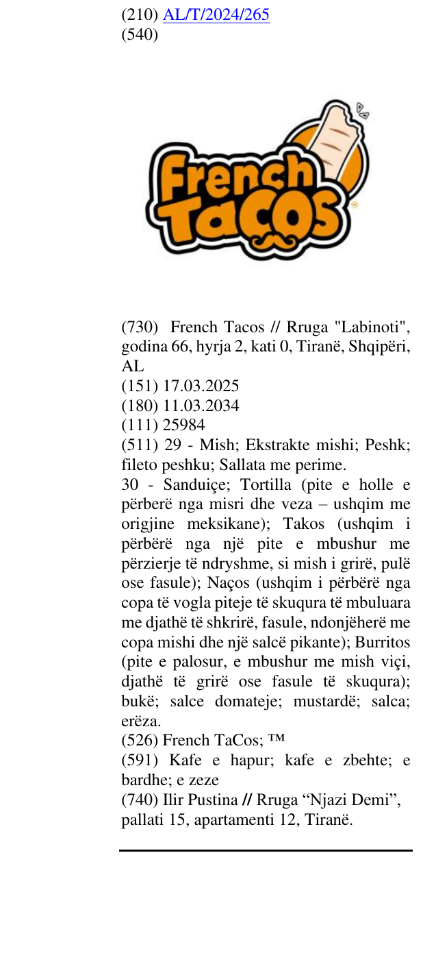 Zëri i markës French TaCos; ™ në buletin